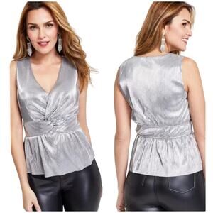 INC NWT Silver Shine Twist-Front Top Size L Sleeveless V-Neck Stretch Lined